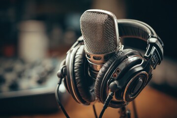 Close-up of a microphone and headphones