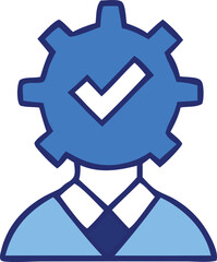 Stylized blue gear icon with a white checkmark inside representing a verified professional or successful process