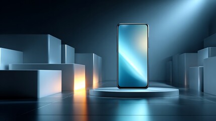 Sleek Smartphone on Podium: A Minimalist Product Showcase in a Modern Studio Setting