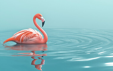 Fototapeta premium Superfície de água ondulada e flamingo flutuante, renderização 3D