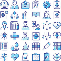 A collection of blue and light blue medical and healthcare icons representing various aspects of the healthcare industry and patient care