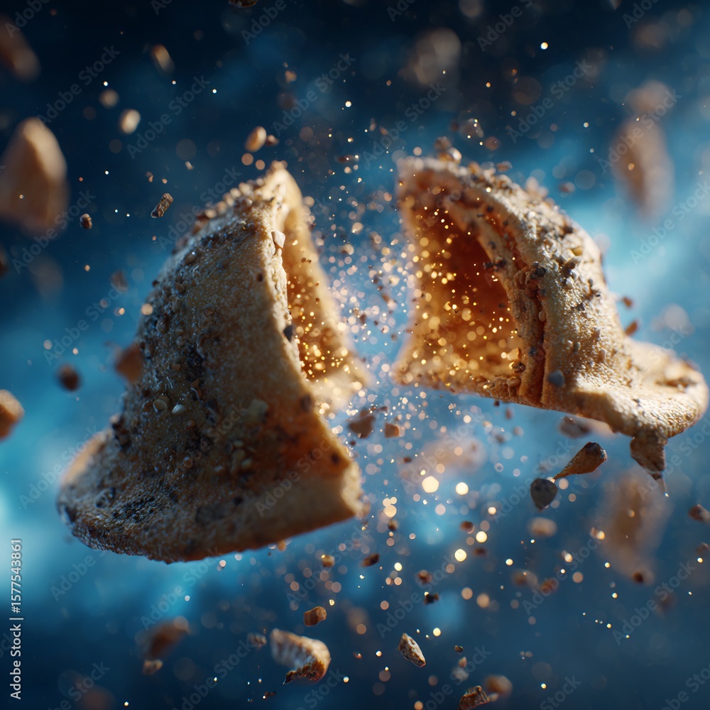 Poster abstract depiction of fractured object against cosmic background conveys disintegration
