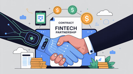 Fintech Partnership: A sleek, modern illustration that represents a business partnership in the world of finance. The image combines the handshake, coin, and paper.