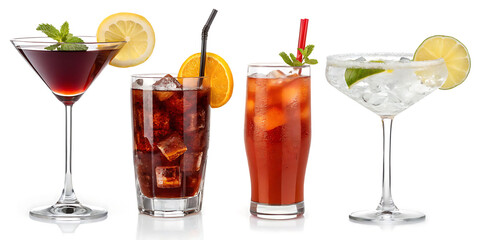A refreshing assortment of colorful cocktails isolated on white background, perfect for a summer party or a night out at the bar