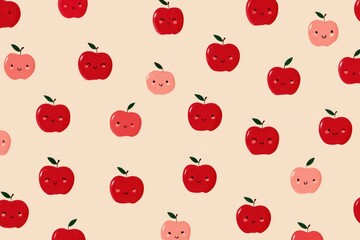 Cute cartoon apples in a repeating pattern on a beige background