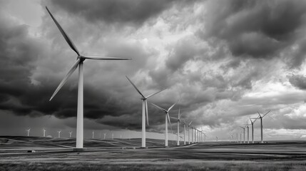 Wind turbines generating energy open field black and white photography
