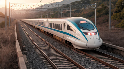 Fototapeta premium High-Speed Train on Tracks: A sleek, modern train speeds along tracks, representing the pinnacle of transportation technology, with a focus on high-speed travel and efficiency.