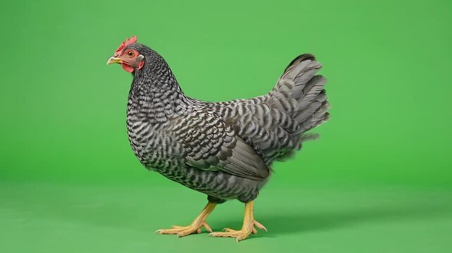 Striped hen pecking the ground on a bright green background, showcasing natural behavior
