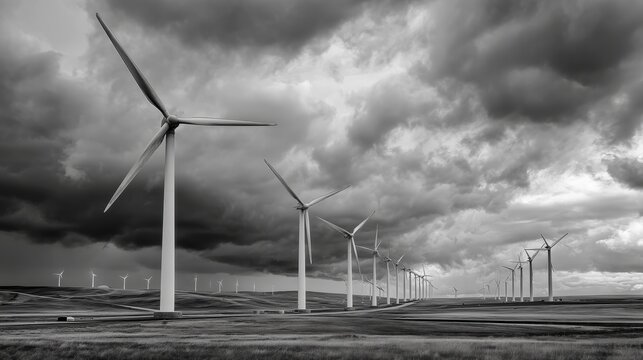 Wind turbines generating energy open field black and white photography - Powered by Adobe