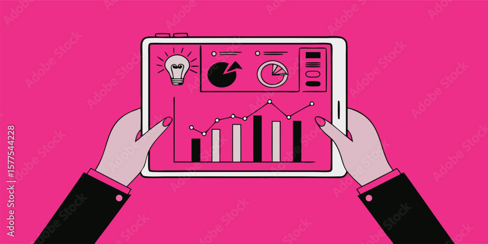 Poster hands holding tablet with analytics data charts