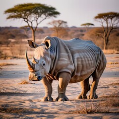 Fototapeta premium White Rhinoceros Standing in Golden Light of African Savannah