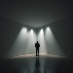 Solitary figure stands illuminated by ethereal light in a stark corner space