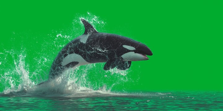 Orca whale breaching water against green screen background