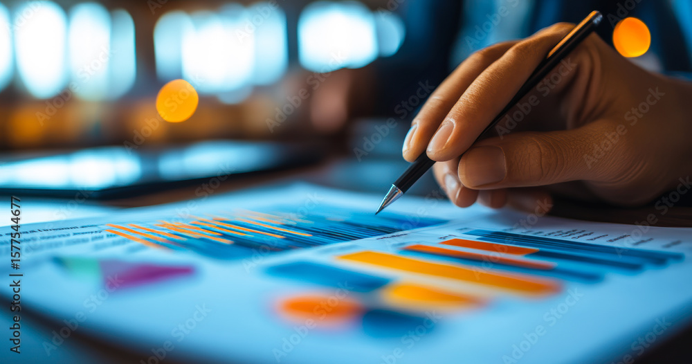 Aufkleber close up of hand holding pen analyzing colorful business charts and graphs on paper with blurred off