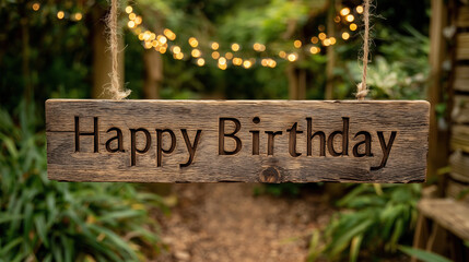 Birthday celebration sign in lush garden festive decoration nature