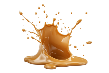 Dripping Caramel Splash Close-up on Transparent White Background