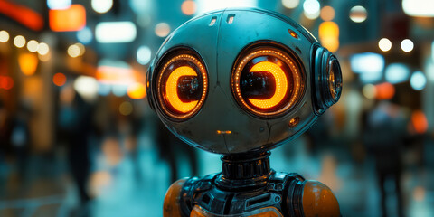 Close up of futuristic small robot with glowing orange eyes and metallic body in blurred urban night background with bokeh lights