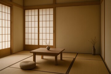 Serene Japanese-style room featuring tatami mats, shoji screens, low wooden table, and simple natural decor in a calm setting.
