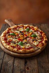 Authentic Margherita Pizza on Rustic Wooden Table with Fresh Basil and Olive Oil Drizzle