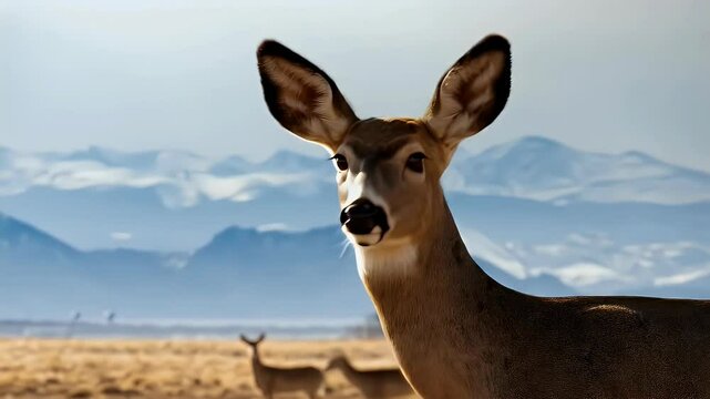 Female mule deer looks alert, looking around the dry grassland - closeup shot
