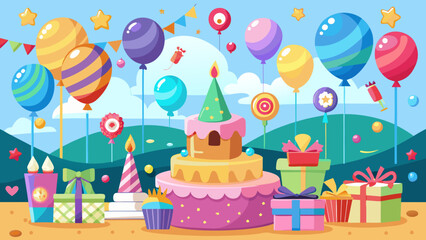 Festive birthday scene with cake balloons gifts and party decorations