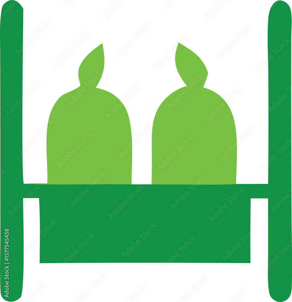 Poster two abstract green figures with leaf like tops stand within a simple green frame against a white bac