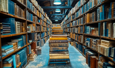 Fototapeta premium Interior view of an old library with wooden shelves filled with vintage books and stacks of large antique books on the floor in a dimly lit space with overhead lamps and wooden ceiling beams