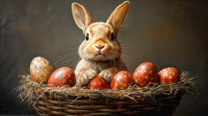 Close-up of brown rabbit sitting in a woven basket surrounded by decorated Easter eggs with vintage fabric patterns on rustic background for Easter celebration concept