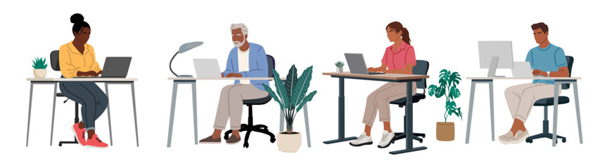 Flat vector illustration set of diverse people working at desks with laptops, computers in modern office or home setting. Inclusive team, remote work, productivity. Isolated on transparent background.