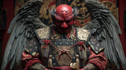 Dramatic Depiction of a Japanese Tengu Warrior with Red Face and Wings Surrounded by Ornate Patterns in a Mystical Setting
