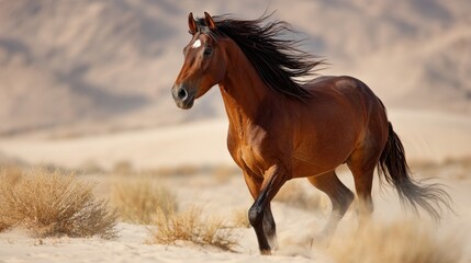 Obraz premium A majestic horse galloping freely across a desert landscape, showcasing its power and elegance. Its mane and tail flow in the wind as it strides through the open area.