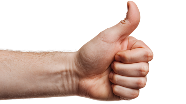 Image of a natural thumbs up gesture, a perfect symbol for UX design, app feedback, and website ratings. On a transparent background.