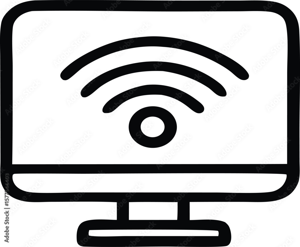 Fototapete Simple black and white doodle icon of a computer monitor displaying a wi fi signal with radiating waves and a central circle