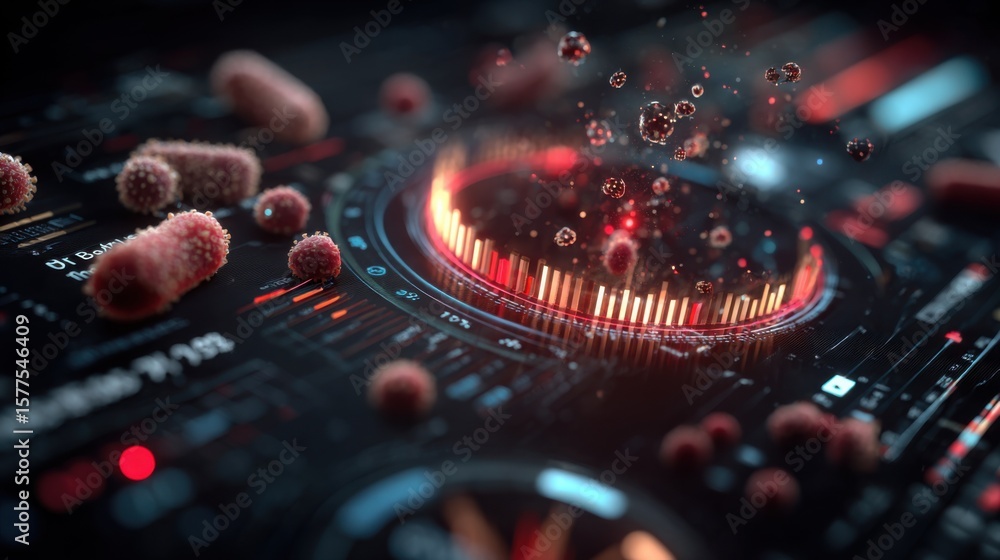 Poster microscopic view of bacteria on a circuit board, showcasing a blend of science and technology. the i