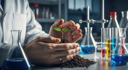 Illustration of scientist holding a seedling in a laboratory