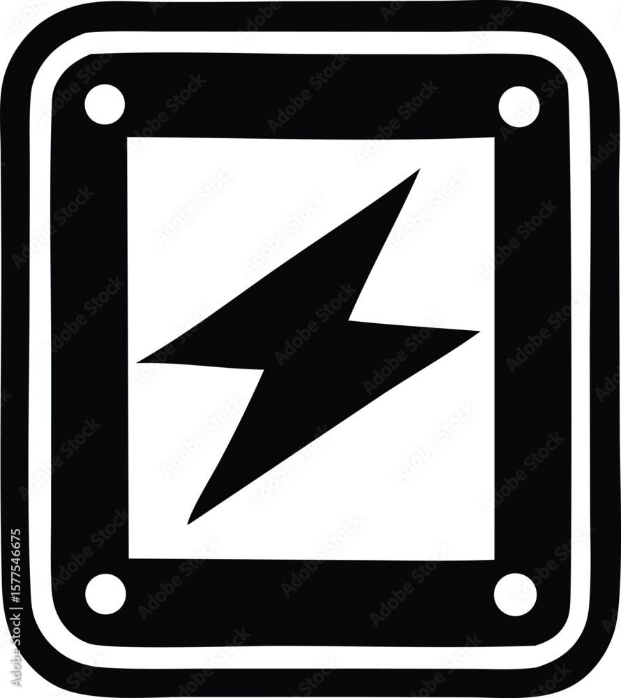 Poster a stark black lightning bolt symbol is centered within a white square all enclosed by a thick black 