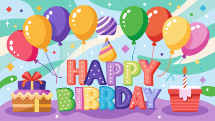 Happy birthday celebration with colorful balloons gifts cake and party hat