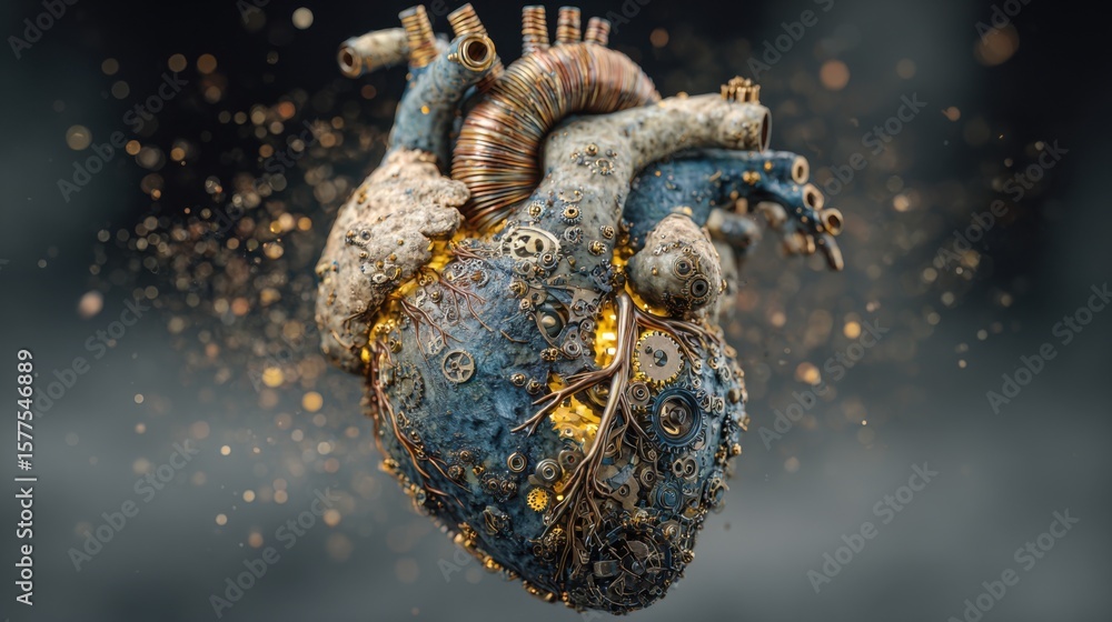 Aufkleber an intricate mechanical heart, symbolizing life and complex systems. the heart is composed of variou