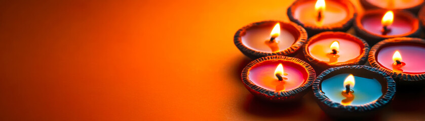 Traditional Diwali oil lamps diya lit with vibrant flames arranged on orange background festive celebration light concept