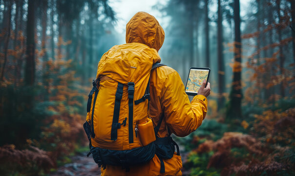 Hiker in yellow rain jacket with large backpack using digital map on smartphone walking through dense forest trail in autumn wilderness outdoor adventure