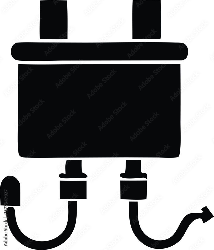 Poster simple black and white illustration of a device with two input tubes and one output tube suggesting 
