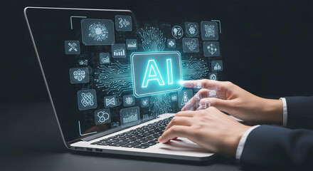 Illustration of person using laptop with ai and data icons glowing
