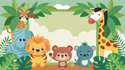 Naklejka premium Cute cartoon jungle animals including a giraffe lion elephant bear and leopard