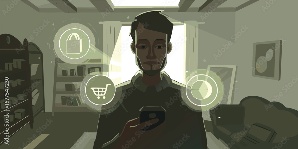 Poster man using smartphone with shopping and data icons technology