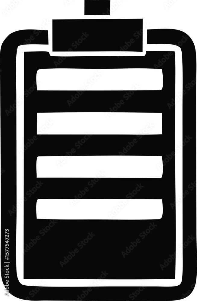 Poster simple black and white icon representing a clipboard with a list or document suitable for various de