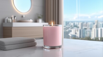 Lit pink candle in a glass jar on a white counter with towels in a modern bathroom overlooking a cityscape