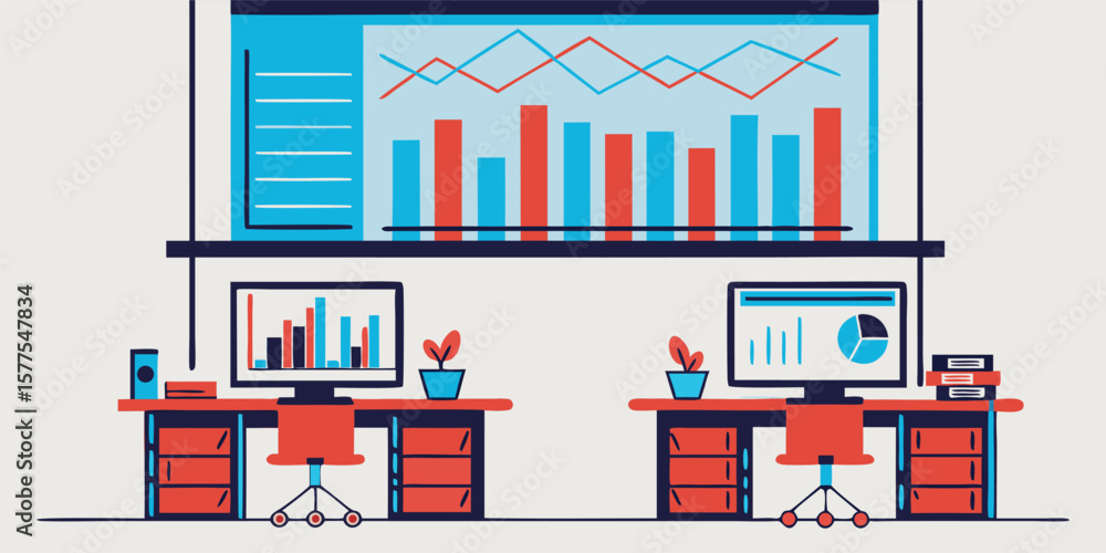 Poster office desks with data charts computers graphs