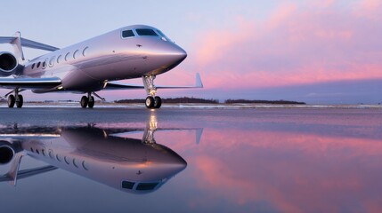 A luxurious jet reflecting in a serene waterscape, with a beautiful sunset in the backdrop