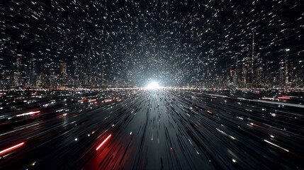 Obraz premium Futuristic cityscape with motion blur lights and stars creating dynamic perspective