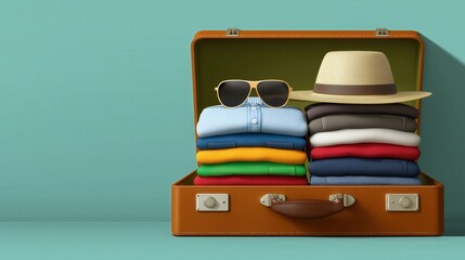 Open brown suitcase with folded shirts in many colors, a straw hat, and sunglasses on blue background
